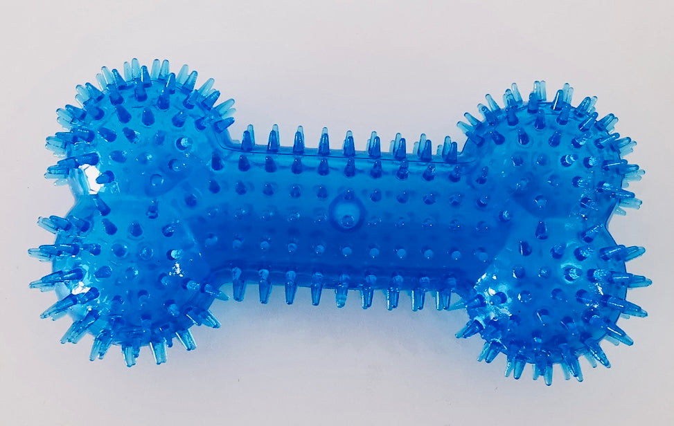 Blue, silicone, chewy bone, teeth-cleaning toy.