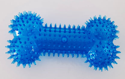 Blue, silicone, chewy bone, teeth-cleaning toy.