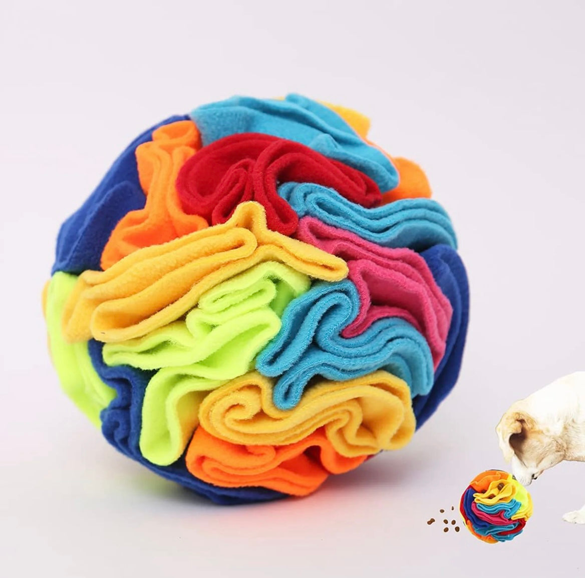 Colorful, plush-fabric, interactive snuffle ball toy for dogs.  Hide treats inside the folds of the toy and let your dog sniff and explore to find them.