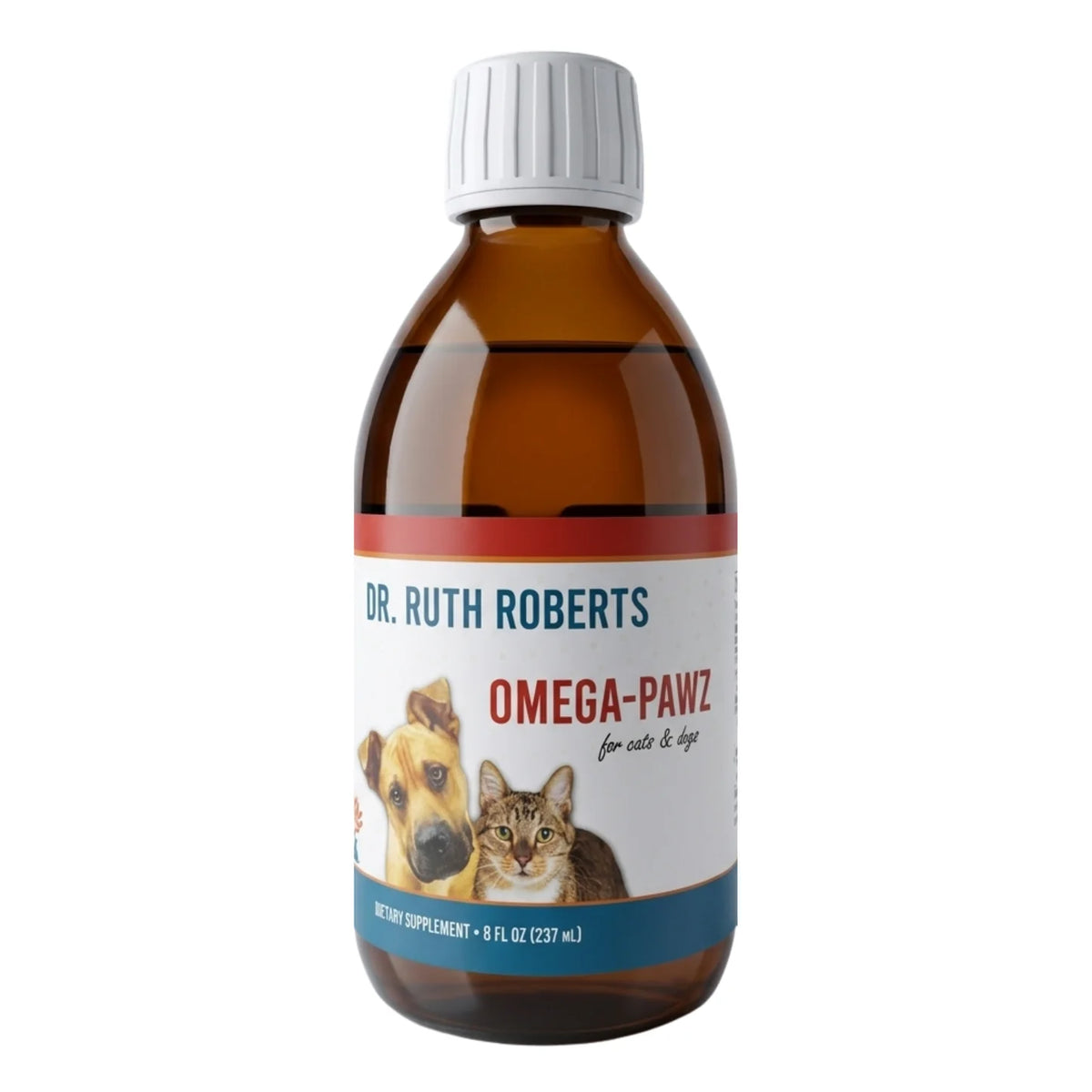 Bottle of Omega Pawz Liquid Omega 3 Oil for pets on a white background.